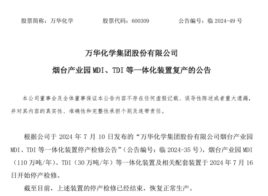 鲁西化工与万华化学，重要装置陆续复产！